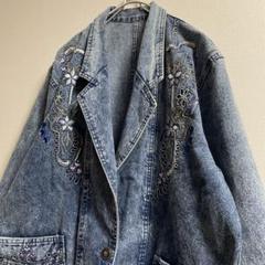 デニムジャケット　刺繍　ケミカルウォッシュ　古着　レトロ　テーラードJK型