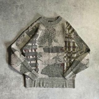 90s デザイン 古着 アート 総柄 ニット size FREE グレー ウール