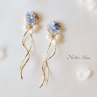 No.401　空模様とパールウェーブ　本物のお花のピアス　イヤリング