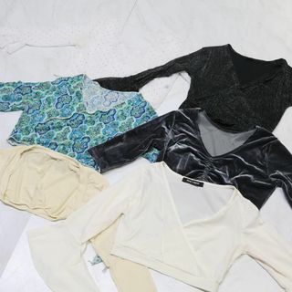 【ベリーダンス衣装 まとめ売り】チョリ トップス 全6点 セット 柄 黒 水色 グレー 白 アイボリー レース ベロア ラメ リボン