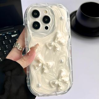 【色:ホワイトリボン_サイズ:14】iphone 14 ケース リボン パール 